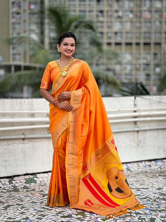 Yellow Color Soft Silk Fabric Woven Paithani Designer Cultural Rich Saree