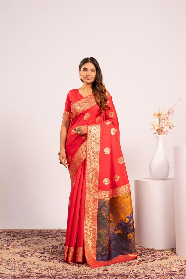 Red Color Banarasi Silk Fabric Designer Partywear Saree