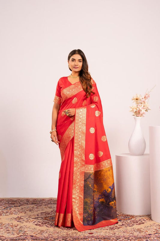 Red Color Banarasi Silk Fabric Designer Partywear Saree
