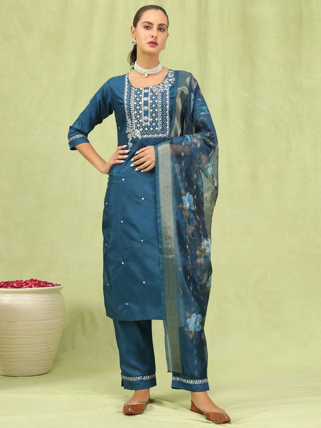 Blue Color Silk Blend Fabric Designer Embroidered Suit