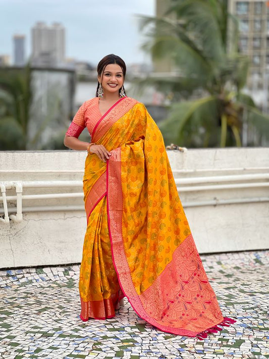 Mustard Color Patola Silk Fabric Woven Meenakari Designer Saree