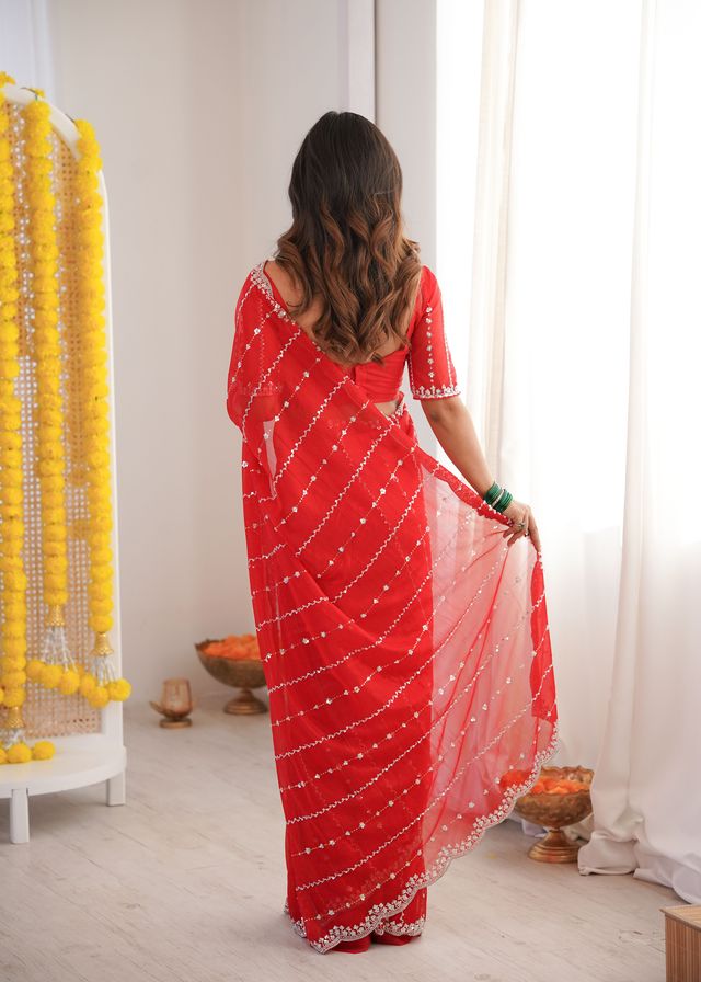 Red Color Twill Net Fabric Ethnic And Girlie Ceremonial Saree For Girls