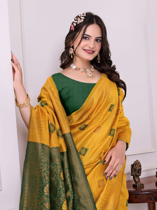 Yellow Color Festive Special Traditional Art Silk Woven Designer Saree