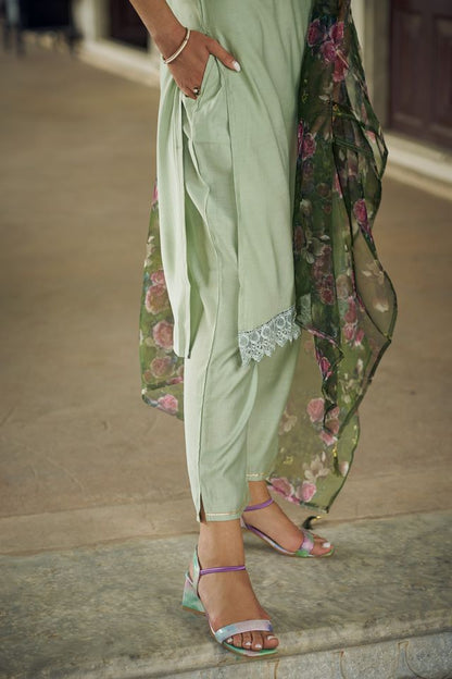 Pista Color Viscose Rayon Fabric Beautiful Embroidered Kurta Set With Dupatta