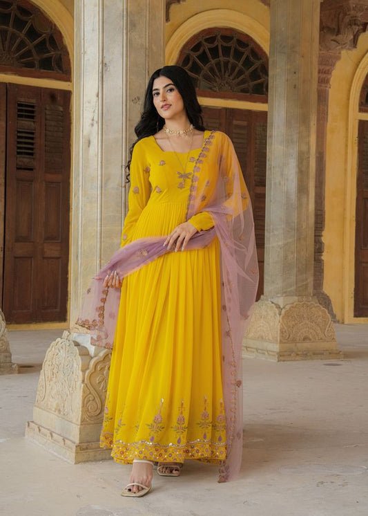 Yellow Color Georgette Fabric Designer Embroidered Partywear Gown For Girlie Looks