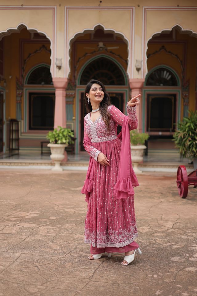 Pink Color Faux Georgette Fabric Beautiful Ceremonial Suit With Dupatta