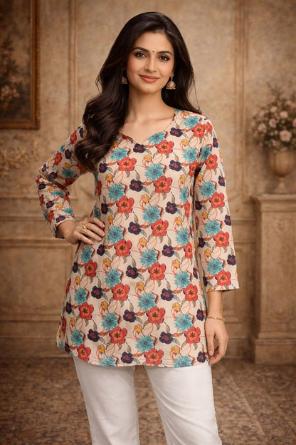 Off White Color Designer Digital Printed Muslin Fabric Foral Ethnic Kurta