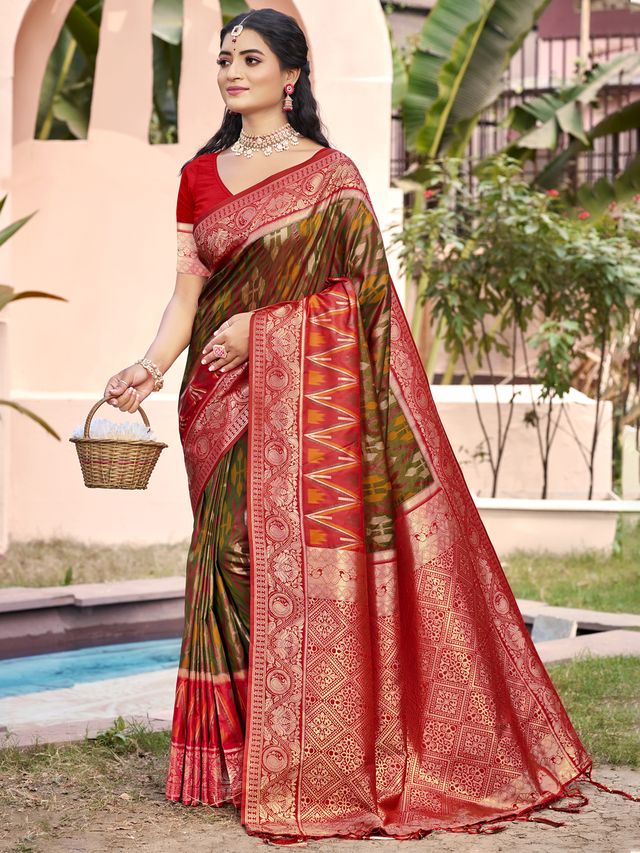 Mehndi Color Pochampalli Silk Fabric Woven designer Ethnic Partywear Saree