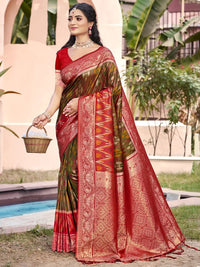 Mehndi Color Pochampalli Silk Fabric Woven designer Ethnic Partywear Saree