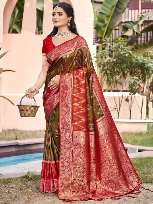 Mehndi Color Pochampalli Silk Fabric Woven designer Ethnic Partywear Saree