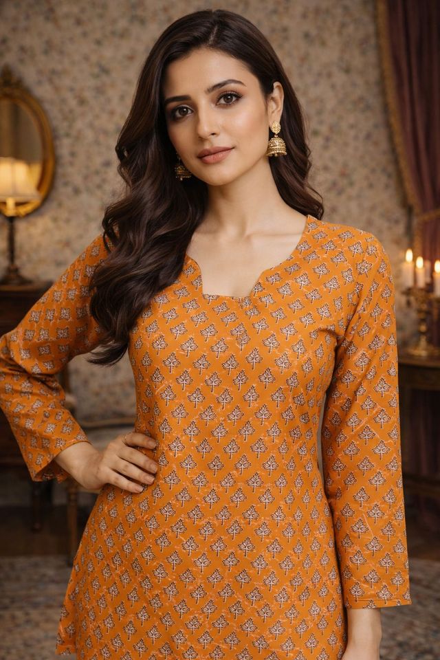 Orange Color Muslin Fabric Formal Looks Kurta For Girls