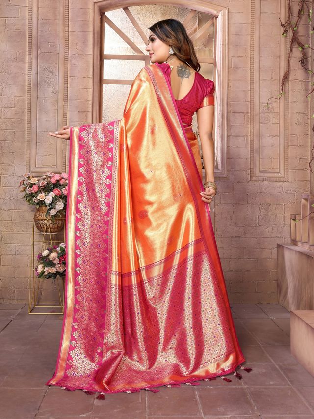 Orange Color Banarasi Tissue Silk Ethnic Jacquard Weving Designer Ceremonial Saree