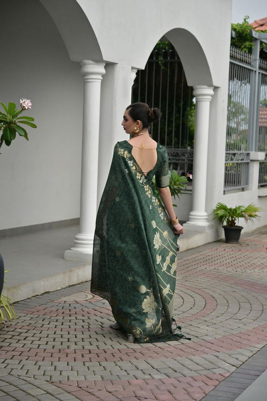 Green Color Jute Linen Silk Fabric Beautiful Graceful Saree