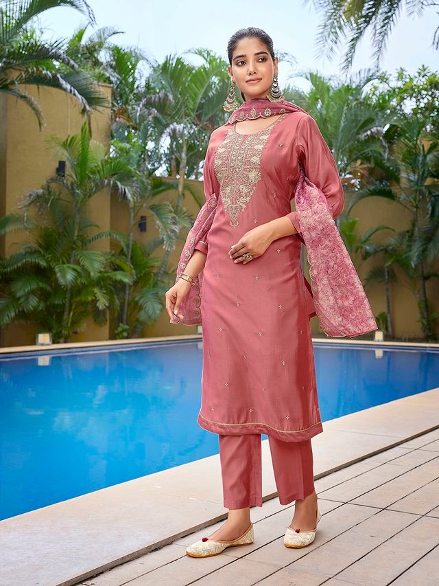 Mauve Pink Color Stylish Partywear Readymade Ethnic Suit