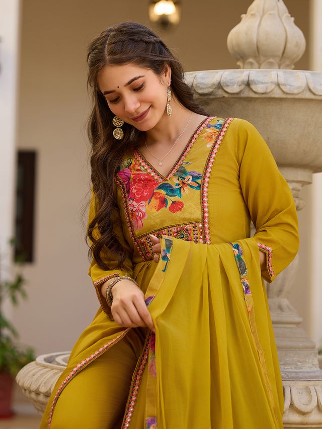 Mustard Color Silk Fabric Ceremonial Readymade Kurta Set with Dupatta