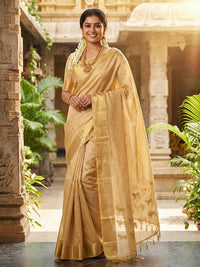 Beige Color Soft Silk Fabric Woven Designer Saree For Ethnic Looks