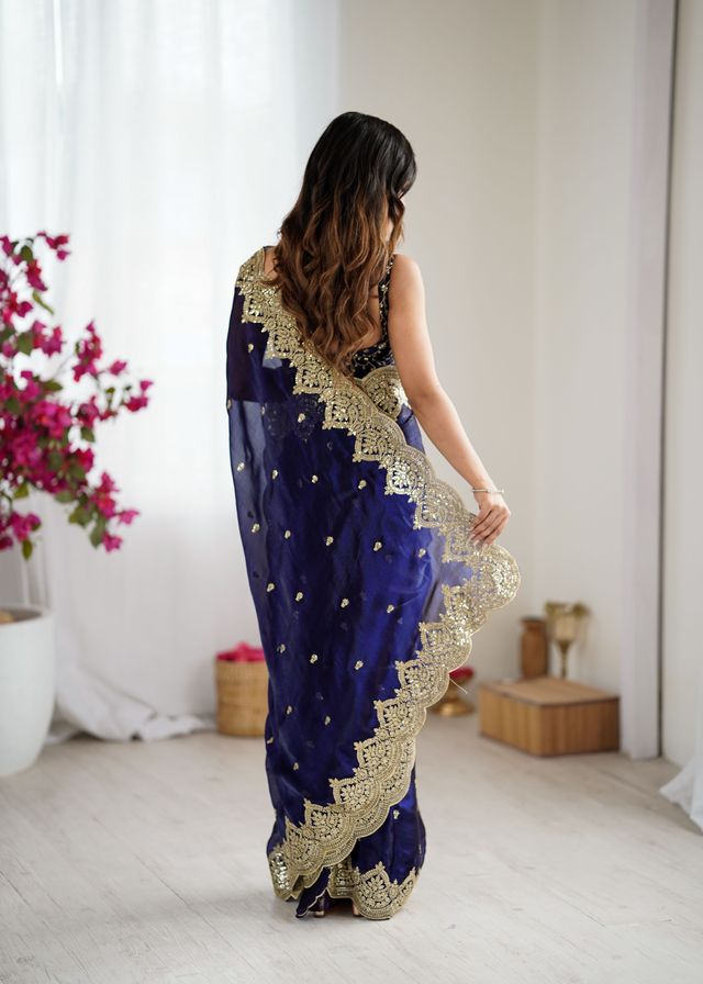 Purple Color Fendy Chiffon Fabric Beautiful Embroidered Saree