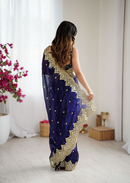 Purple Color Fendy Chiffon Fabric Beautiful Embroidered Saree