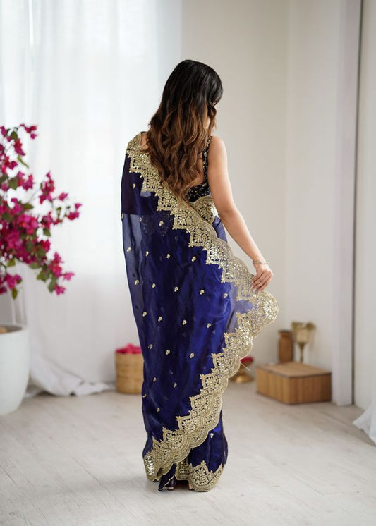 Purple Color Fendy Chiffon Fabric Beautiful Embroidered Saree