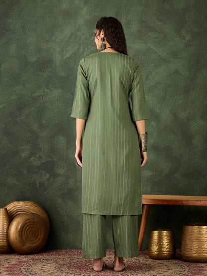 Green Color Cotton Silk Blend Beautiful Stylish Tendy Top Bottom Set