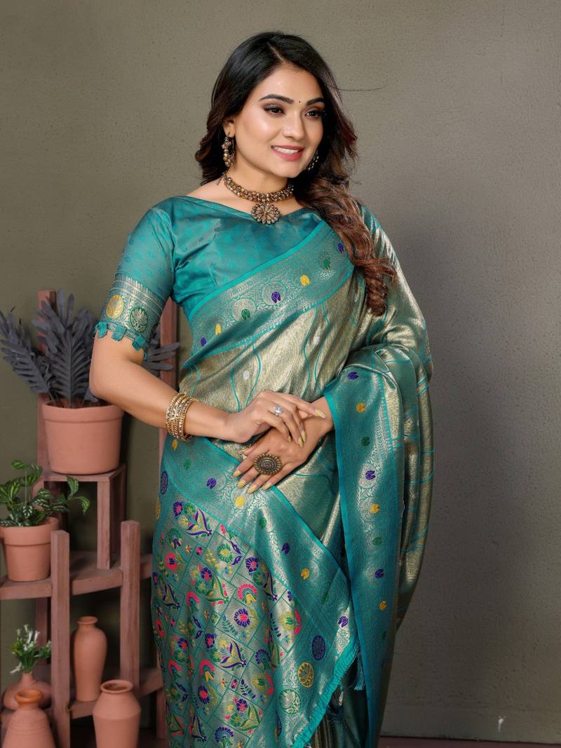 Rama Pure Banarasi Tissue Silk With Leheriya Weaving Saree With Blouse
