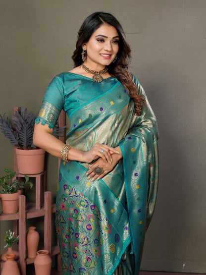 Rama Pure Banarasi Tissue Silk With Leheriya Weaving Saree With Blouse