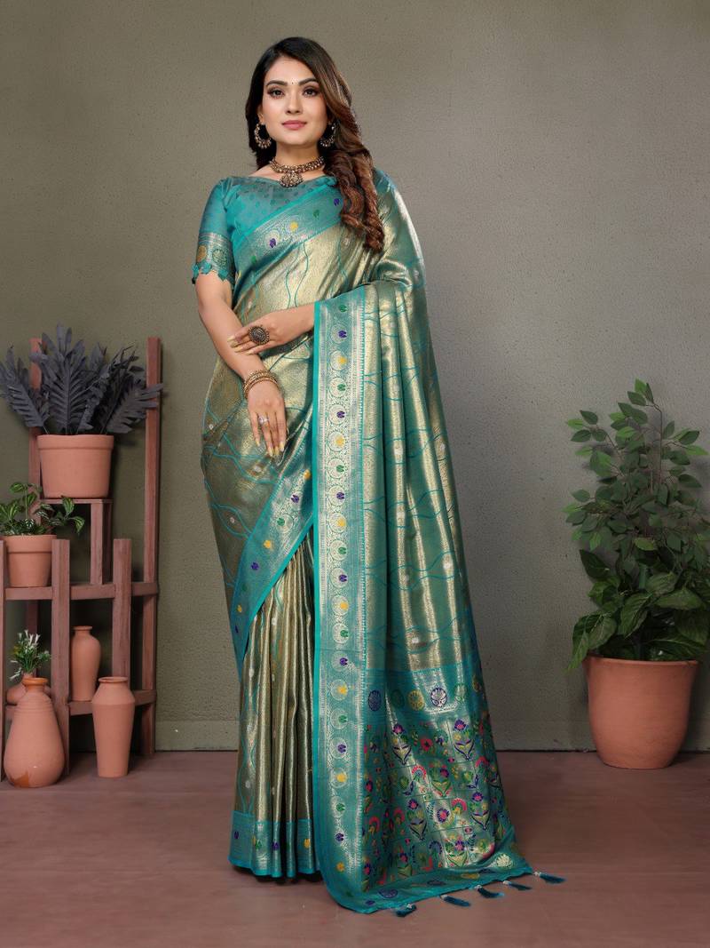 Rama Pure Banarasi Tissue Silk With Leheriya Weaving Saree With Blouse