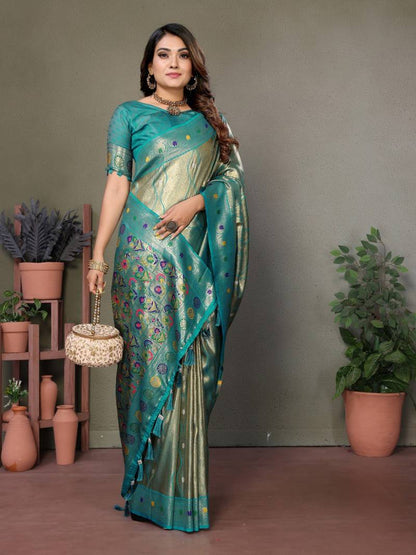Rama Pure Banarasi Tissue Silk With Leheriya Weaving Saree With Blouse