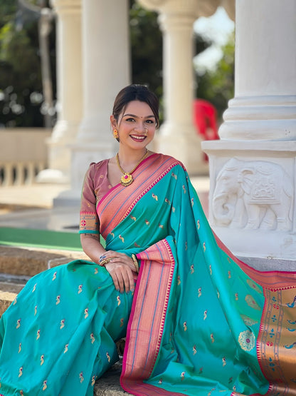 Rama Soft Paithani Silk Meenakari Weaving Saree With Unstitched Blouse