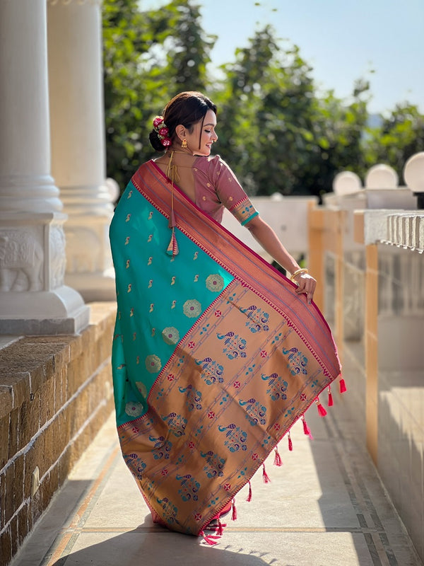 Rama Soft Paithani Silk Meenakari Weaving Saree With Unstitched Blouse