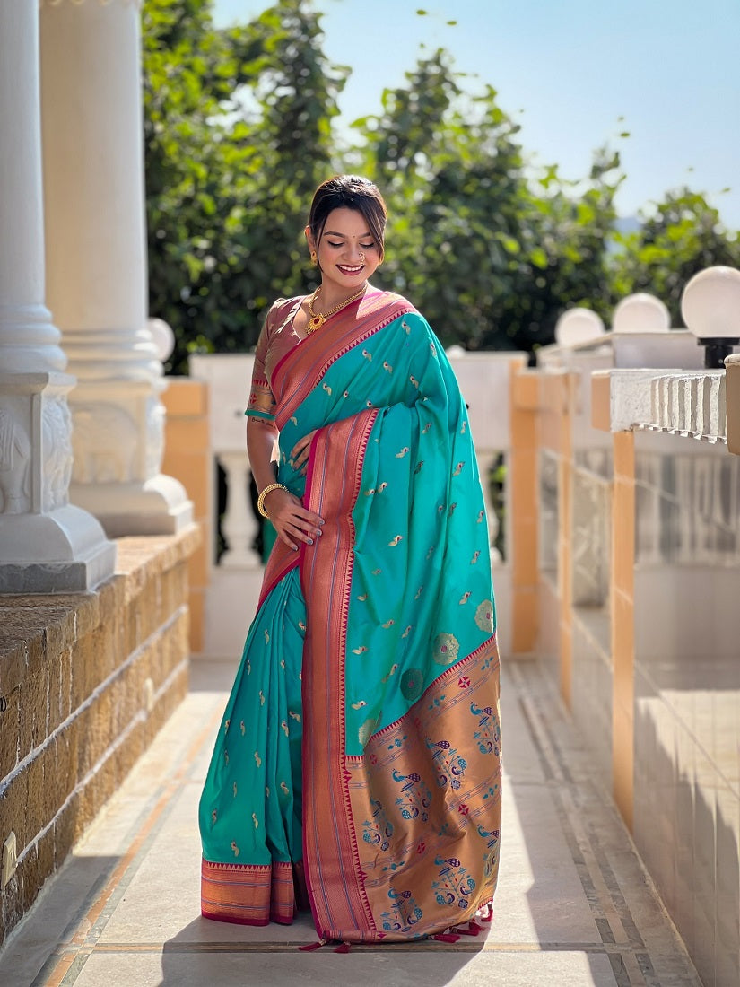 Rama Soft Paithani Silk Meenakari Weaving Saree With Unstitched Blouse
