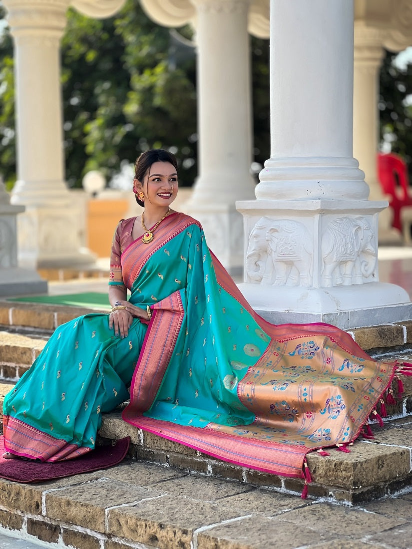 Rama Soft Paithani Silk Meenakari Weaving Saree With Unstitched Blouse