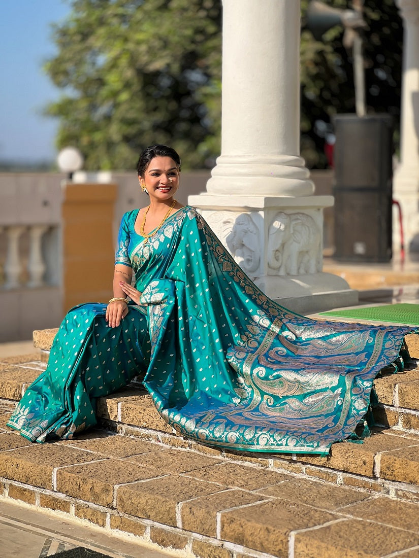 Rama Soft Banarasi Silk Meenakari Weaving Saree With Unstitched Blouse