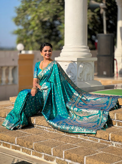 Rama Soft Banarasi Silk Meenakari Weaving Saree With Unstitched Blouse