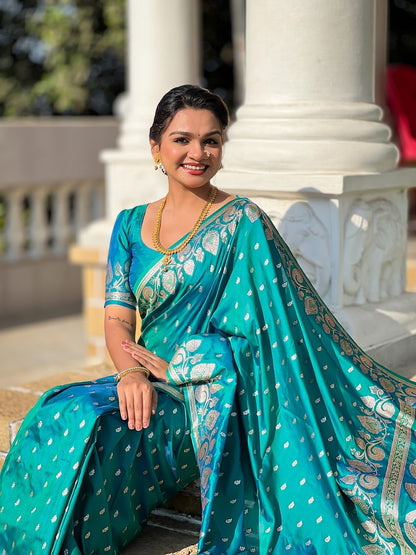 Rama Soft Banarasi Silk Meenakari Weaving Saree With Unstitched Blouse