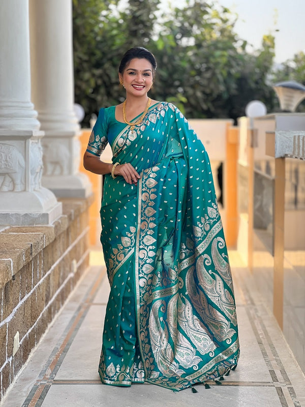 Rama Soft Banarasi Silk Meenakari Weaving Saree With Unstitched Blouse