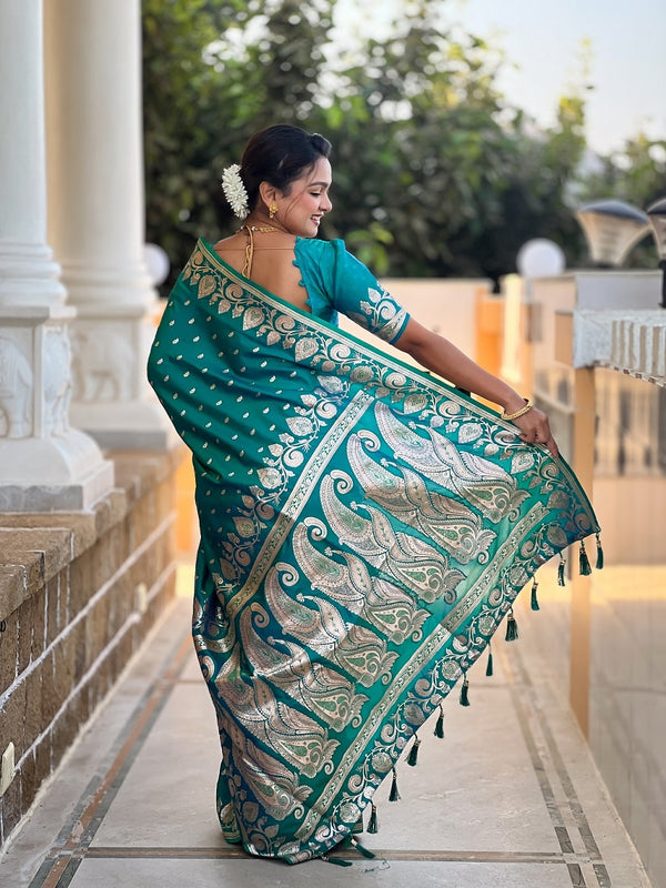 Rama Soft Banarasi Silk Meenakari Weaving Saree With Unstitched Blouse