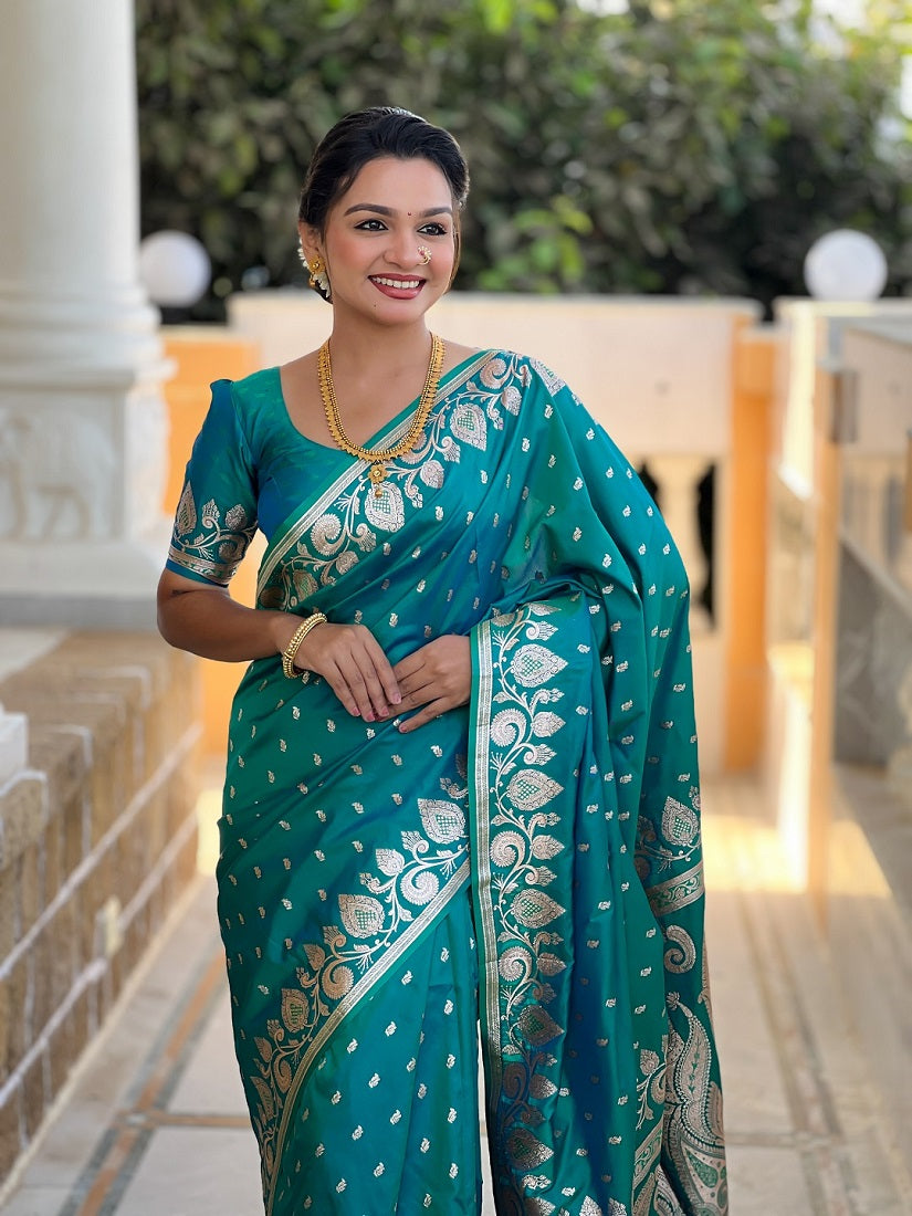 Rama Soft Banarasi Silk Meenakari Weaving Saree With Unstitched Blouse