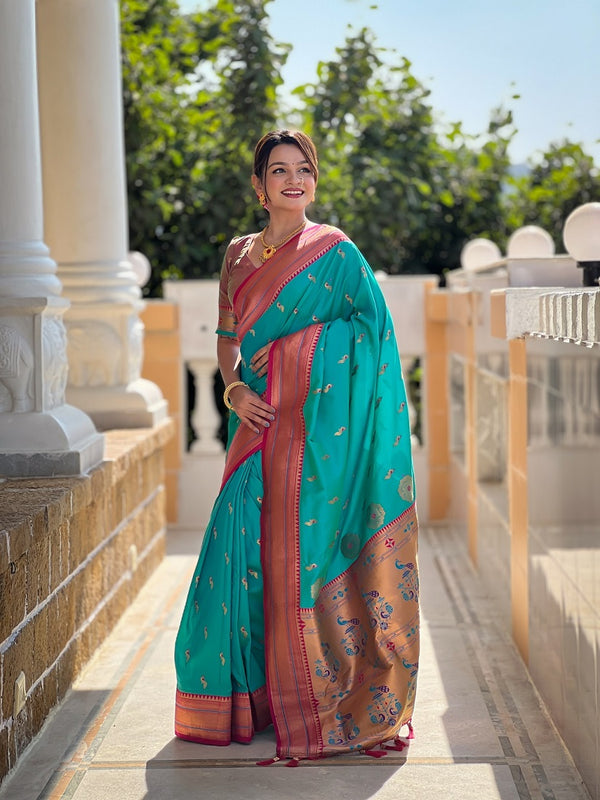 Rama Soft Paithani Silk Meenakari Weaving Saree With Unstitched Blouse