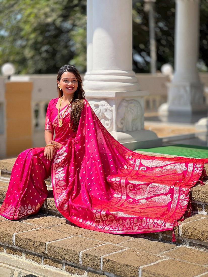 Ranipink Soft Banarasi Silk Meenakari Weaving Saree With Unstitched Blouse
