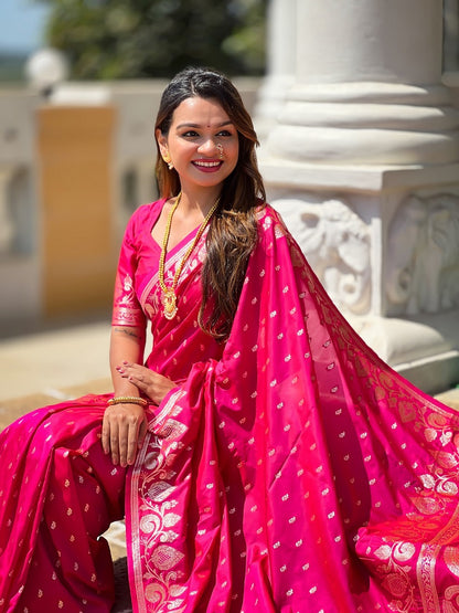 Ranipink Soft Banarasi Silk Meenakari Weaving Saree With Unstitched Blouse