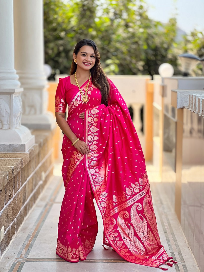 Ranipink Soft Banarasi Silk Meenakari Weaving Saree With Unstitched Blouse