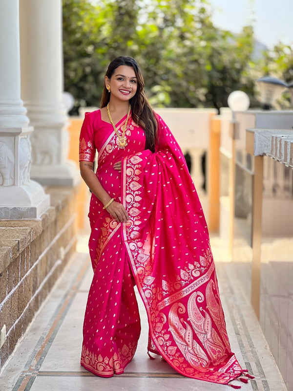 Ranipink Soft Banarasi Silk Meenakari Weaving Saree With Unstitched Blouse