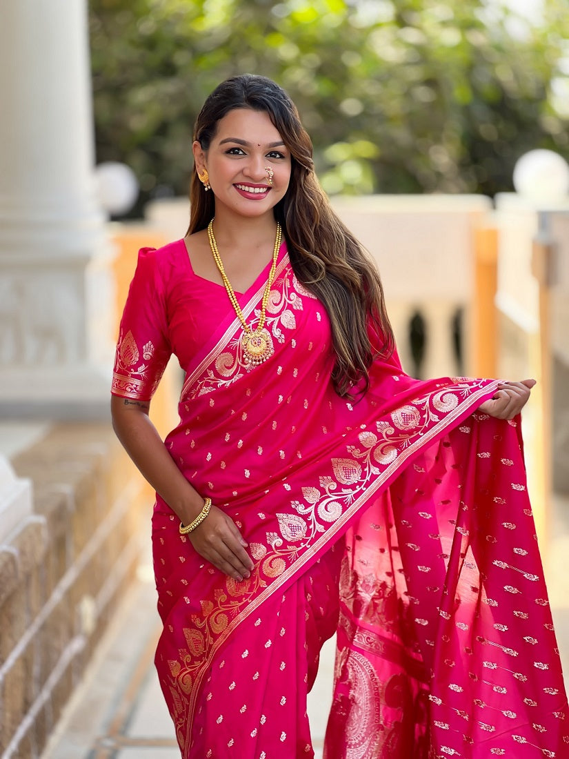 Ranipink Soft Banarasi Silk Meenakari Weaving Saree With Unstitched Blouse