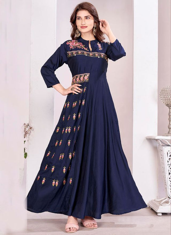 Blue Color Beautiful Embroidered Ceremonial Gown For Classy Looks