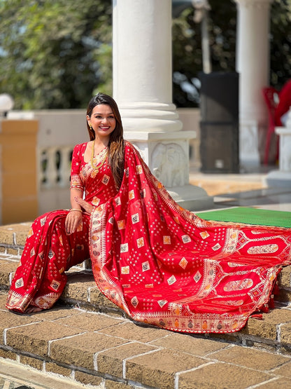 Red Soft Dolla Silk Meenakari Weaving Saree With Unstitched Blouse