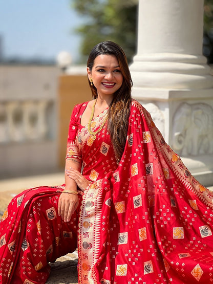 Red Soft Dolla Silk Meenakari Weaving Saree With Unstitched Blouse