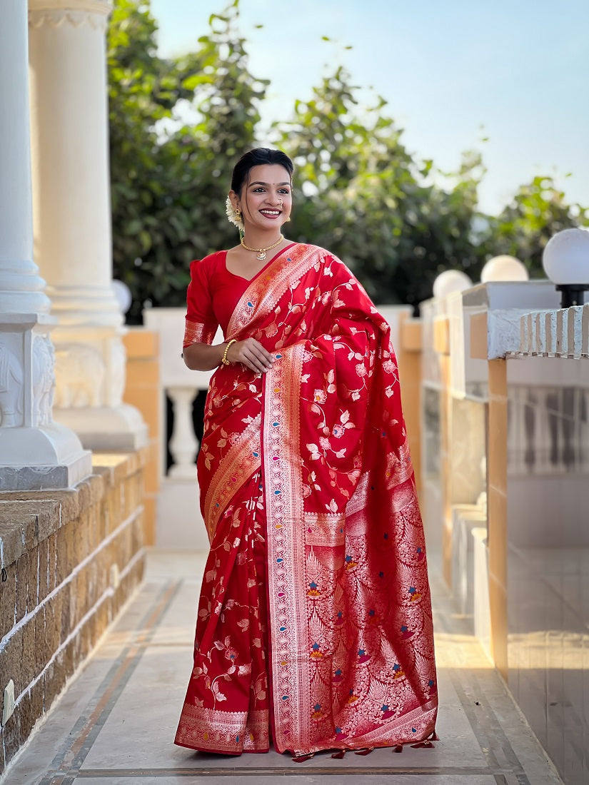 Red Soft Banarasi Silk Meenakari Weaving Saree With Unstitched Blouse
