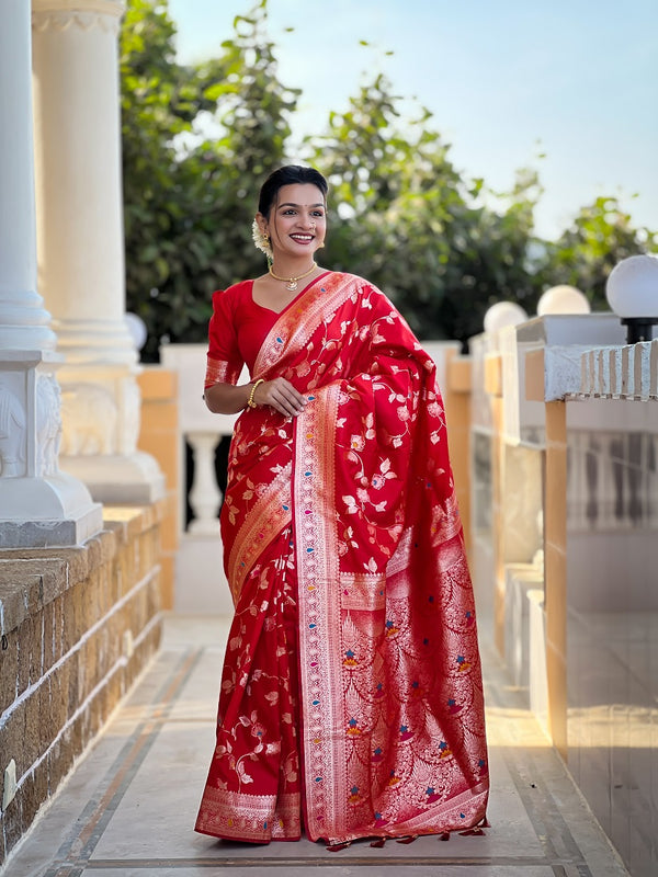 Red Soft Banarasi Silk Meenakari Weaving Saree With Unstitched Blouse