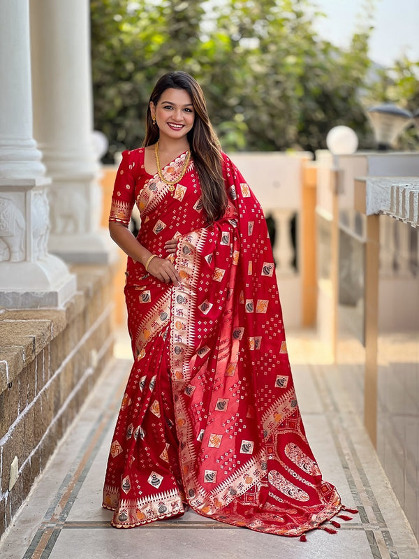 Red Soft Dolla Silk Meenakari Weaving Saree With Unstitched Blouse